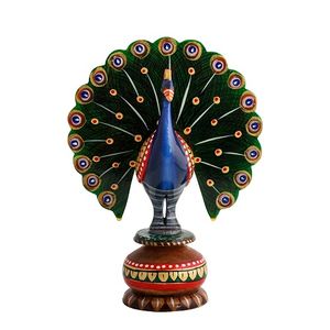 Wood Dancing Peacock Birds Painted Showpiece