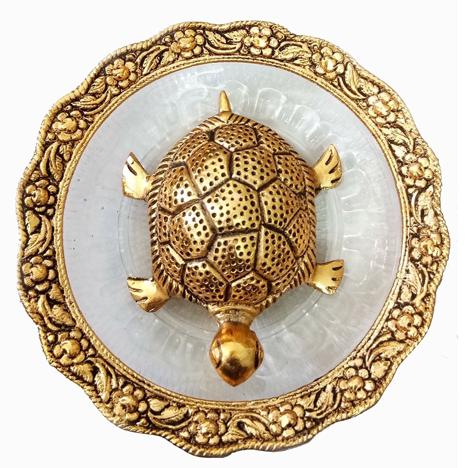 Trendy Crafts Metal Feng Shui Tortoise On Plate Showpiece